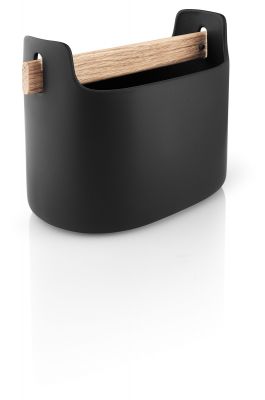 Schwarze Eva Solo Toolbox mit Holzgriff, eine moderne Aufbewahrungslösung für Büro, Küche oder Werkstatt.